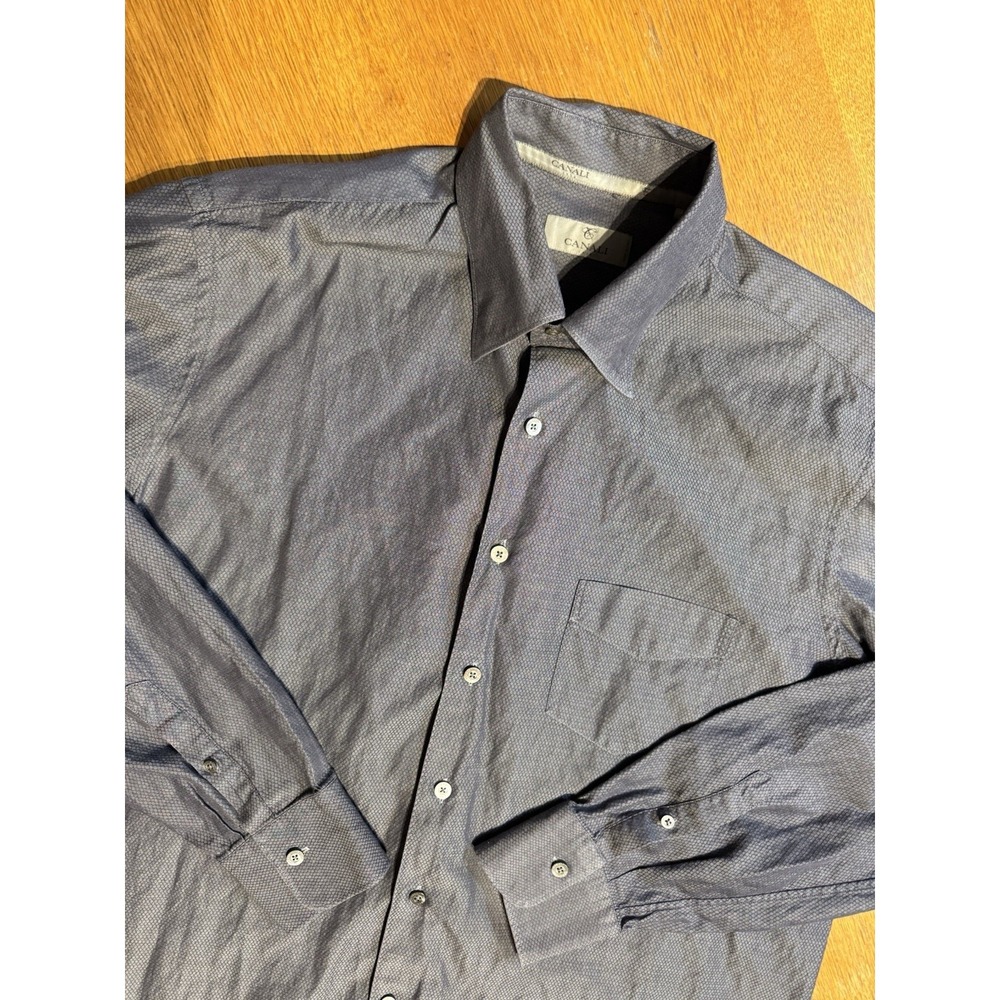 Canali Dress Shirt Mens XL Blue Geometric Textured Cotton Made In Italy